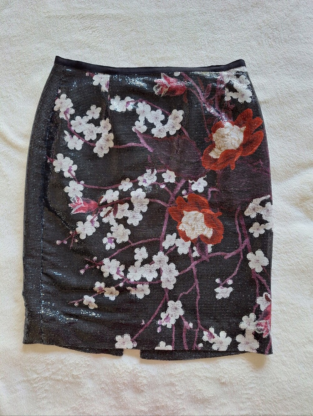 Elie Tahari Black Sequin Cherry Blossom Floral Pencil Mini Skirt Medium